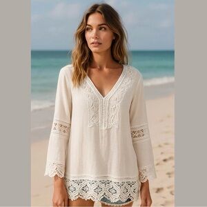 Saint Tropez West White Lace Linen Blouse